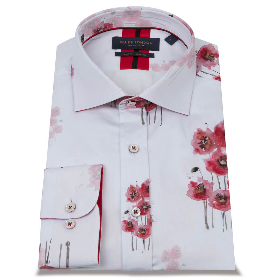 Guide London LS76162 White Poppy Print Long Sleeve Shirt - Baks Menswear