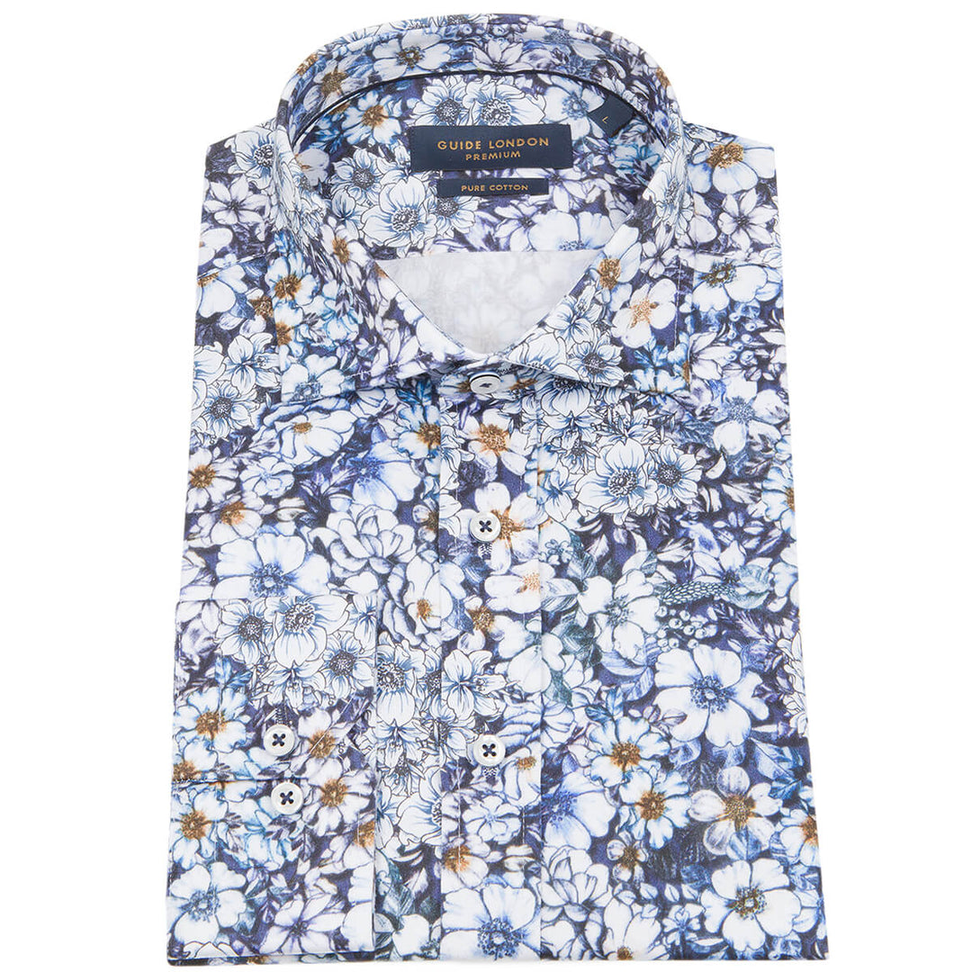 Guide London LS76296 Blue Flower Print Long Sleeve Shirt - Baks Menswear