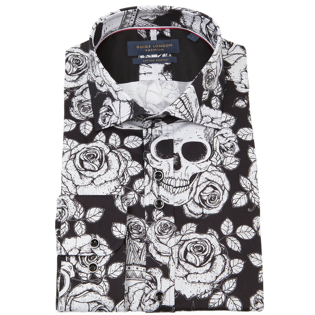 Guide London LS76365 Black Rose Print Long Sleeve Shirt - Baks Menswear