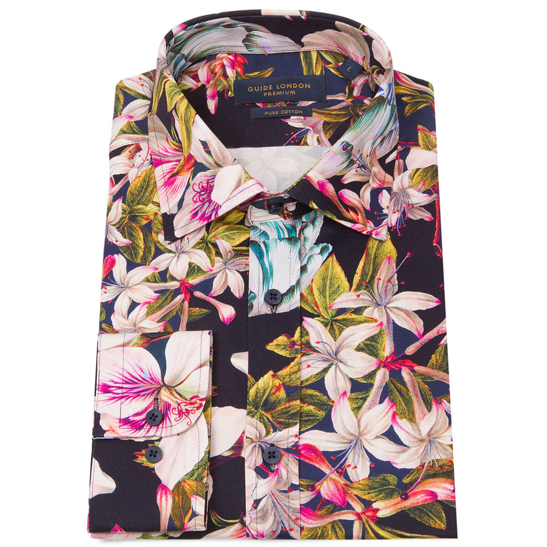 Guide London LS76370 Navy Flower Print Long Sleeve Shirt - Baks Menswear