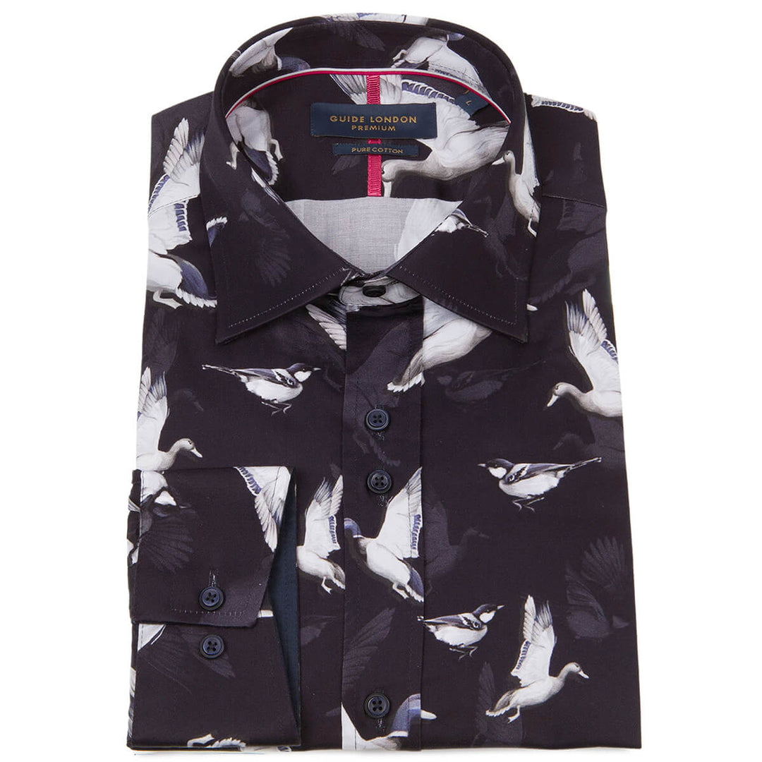 Guide London LS76387 Navy Duck Print Long Sleeve Shirt - Baks Menswear