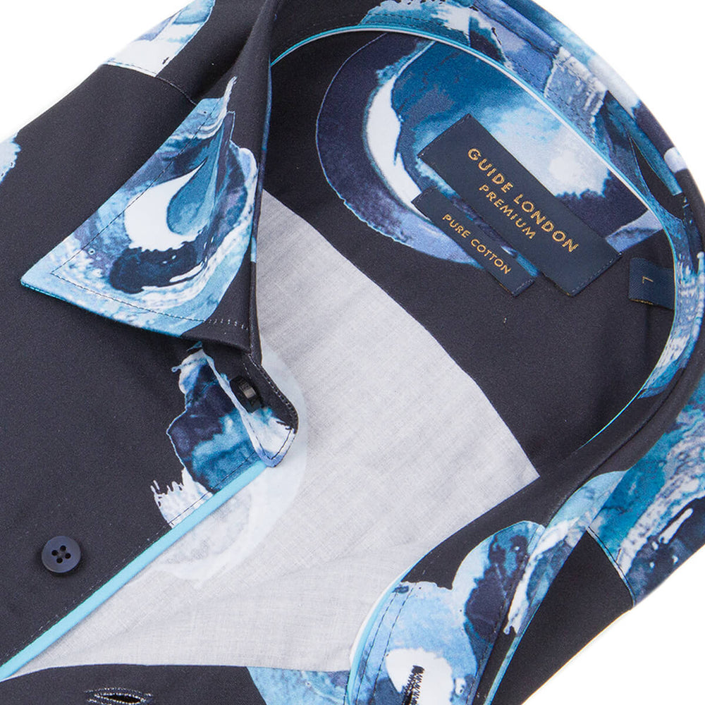 Guide London LS76444 Navy Blue Print Long Sleeve Shirt - Baks Menswear