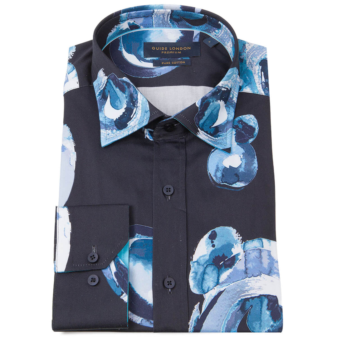 Guide London LS76444 Navy Blue Print Long Sleeve Shirt - Baks Menswear
