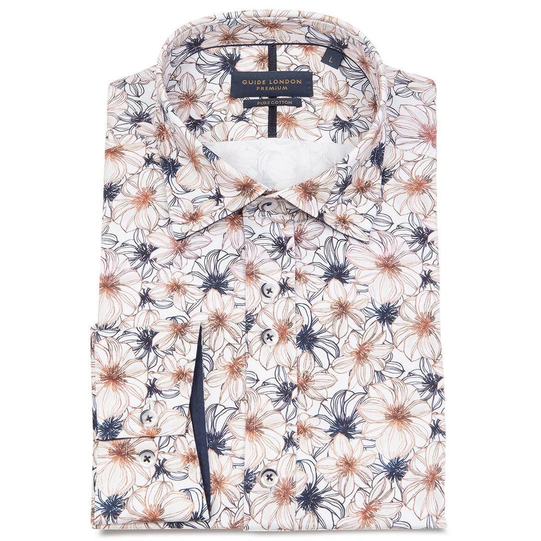 Guide London LS76528 Brown Navy Floral Print Long Sleeve Shirt - Baks Menswear