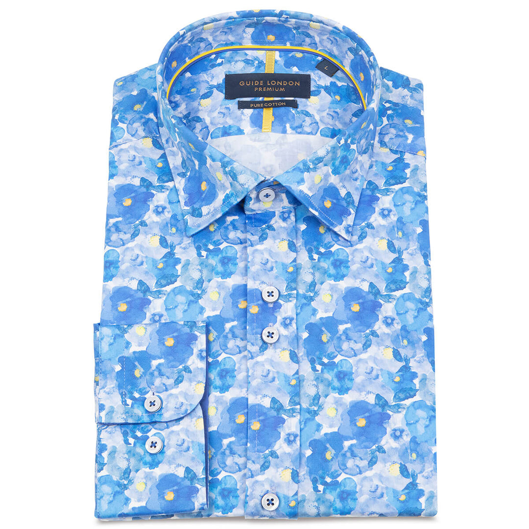 Guide London LS76537 Blue Floral Print Long Sleeve Shirt - Baks Menswear