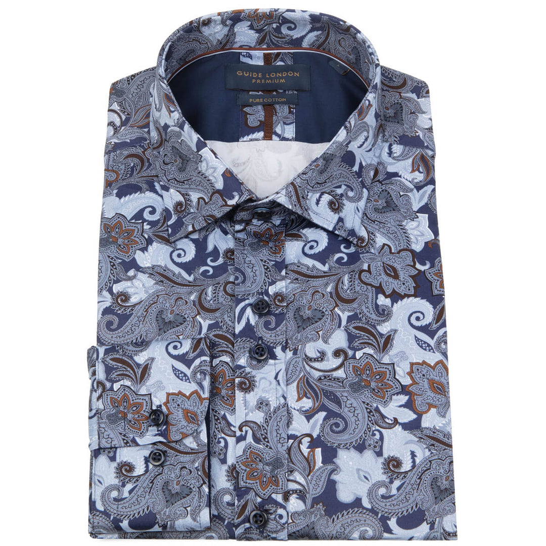 Guide London LS76662 Blue Paisley Print Cotton Shirt - Baks Menswwear Bournemouth