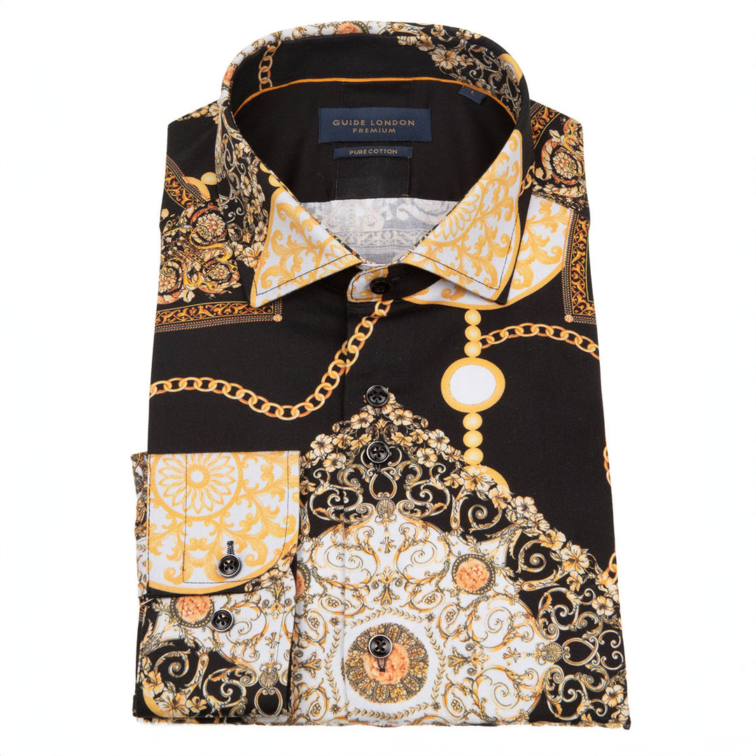 Guide London LS76667 Black Gold Baroque Style Long Sleeve Shirt - Baks Menswear Bournemouth