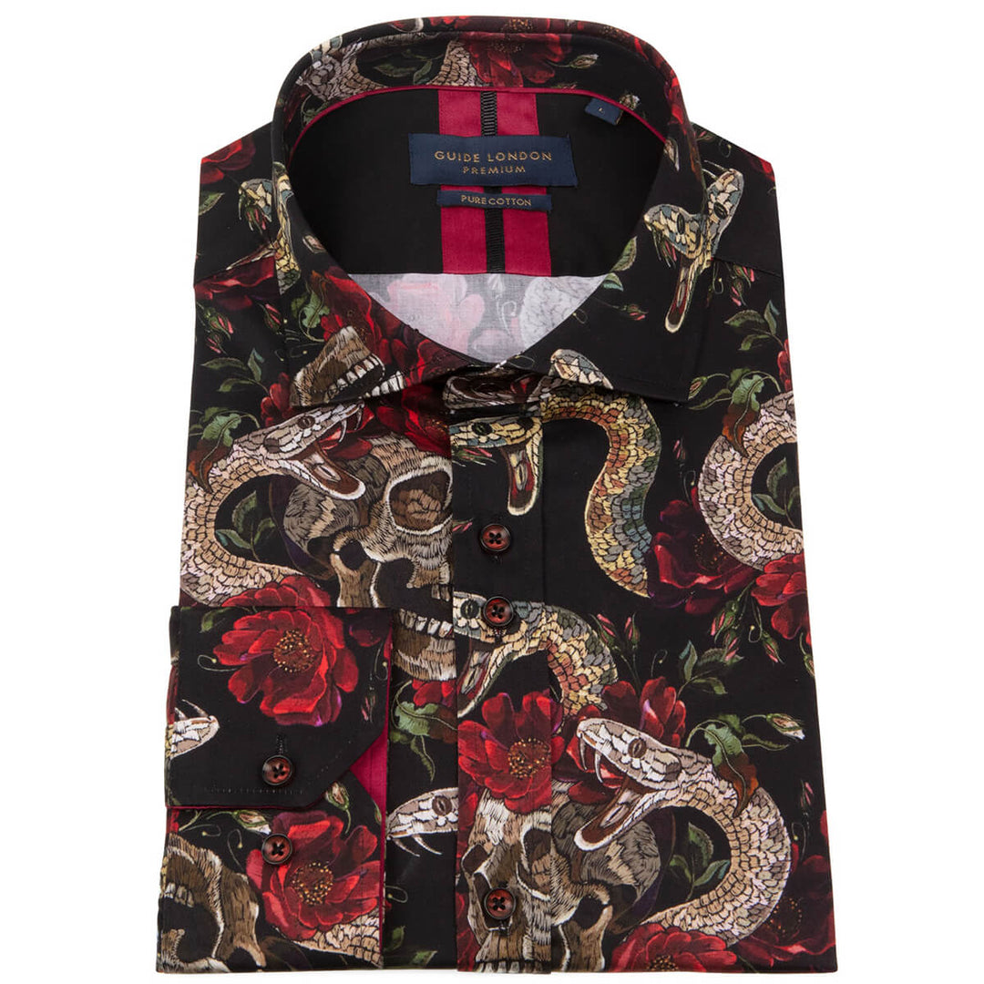 Guide London LS76740 Black Burgundy Snake Skull Print Long Sleeved Shirt - Baks Menswear Bournemouth