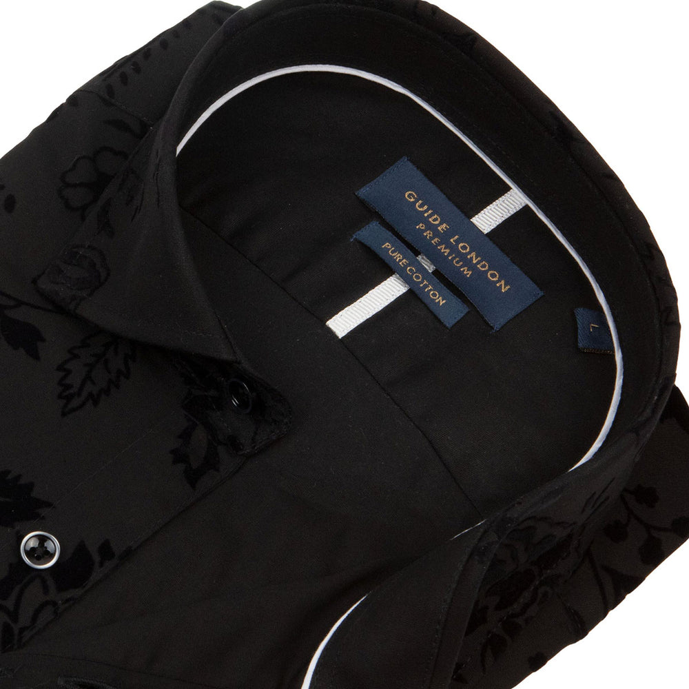 Guide London LS76748 Black Floral Flock Long Sleeve Shirt - Baks Menswear Bournemouth