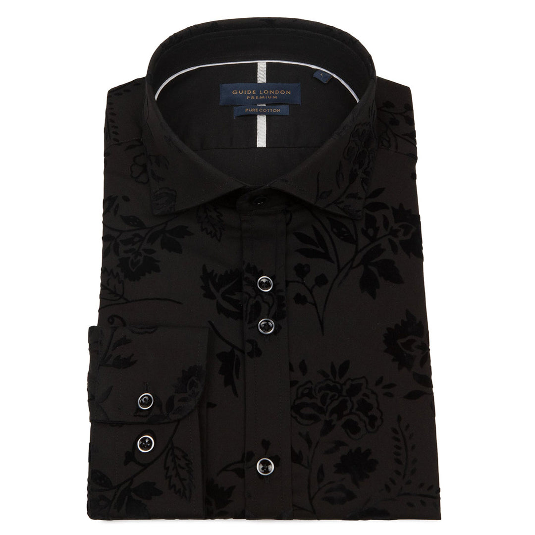 Guide London LS76748 Black Floral Flock Long Sleeve Shirt - Baks Menswear Bournemouth