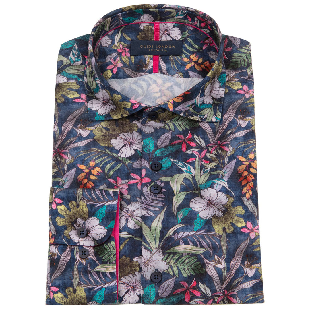 Guide London LS76819 Navy Vibrant Floral Long Sleeve Tencel Shirt - Baks Menswear Bournemouth