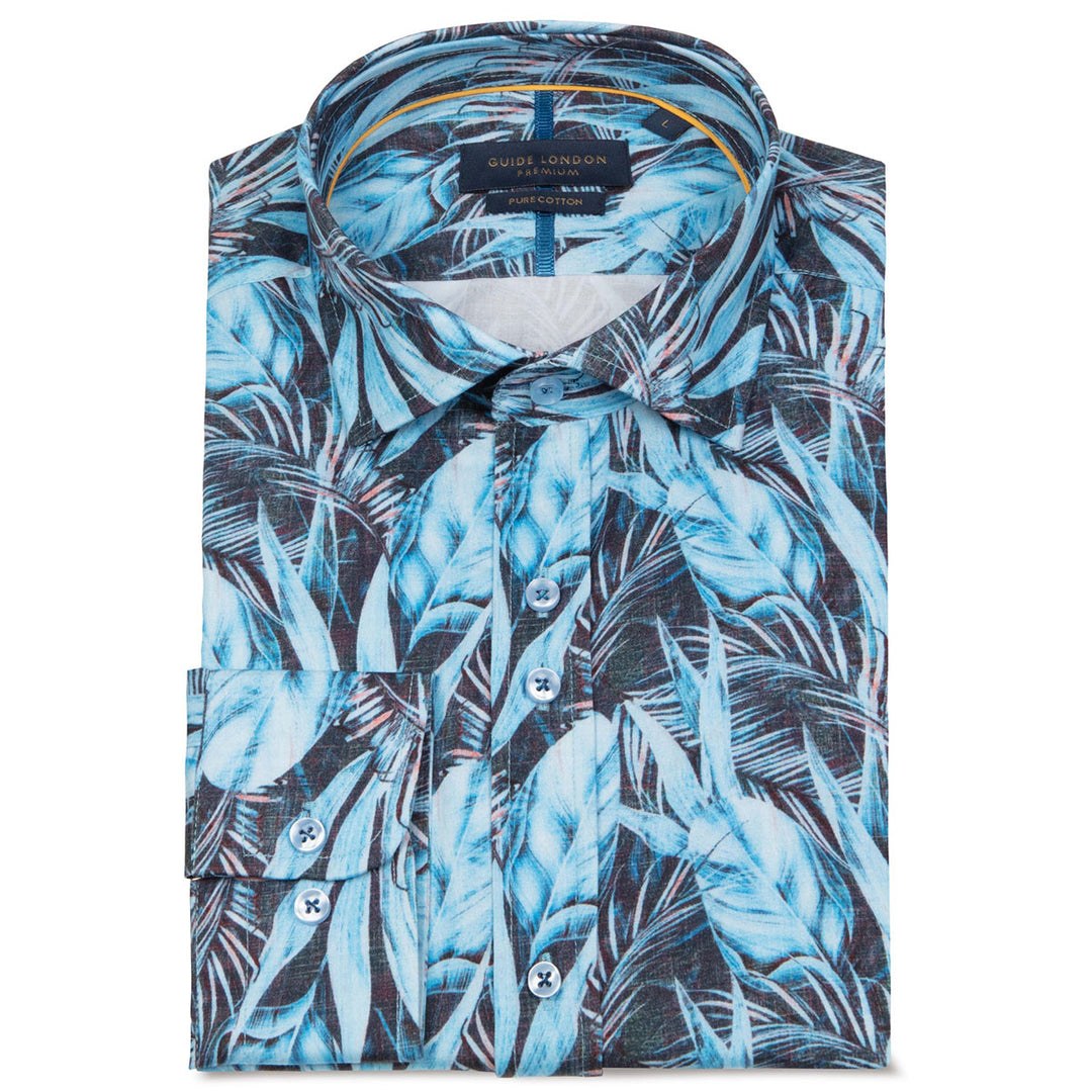 Guide London LS76821 Summer Blue Leafy Print Long Sleeve Cotton Shirt - Baks Menswear Bournemouth