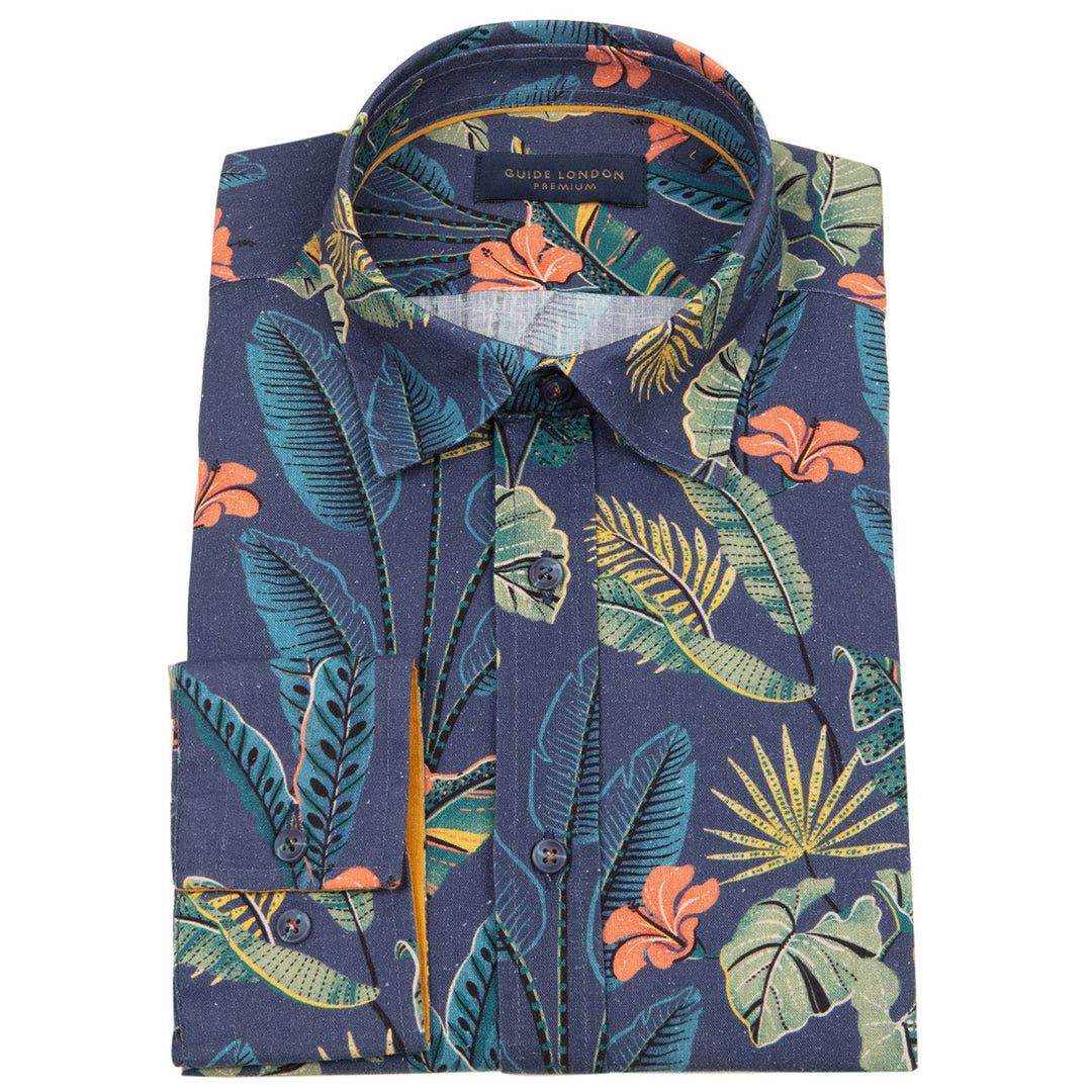 Guide London LS76822 Navy Tropical Leaf Cotton Linen Mix Long Sleeve Shirt - Baks Menswear Bournemouth