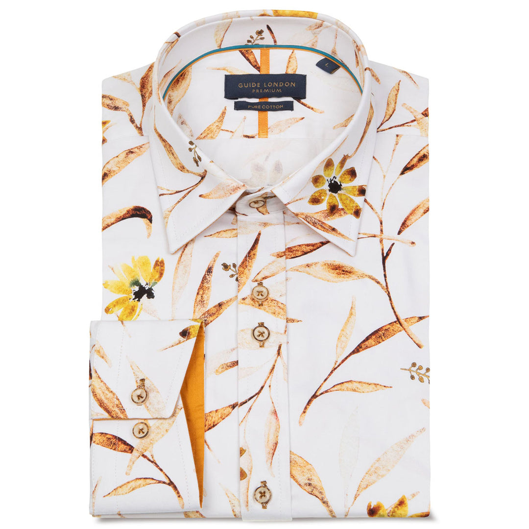 Guide London LS76823 Gold Multicolour Leaf Print Long Sleeve Cotton Shirt - Baks Menswear Bournemouth