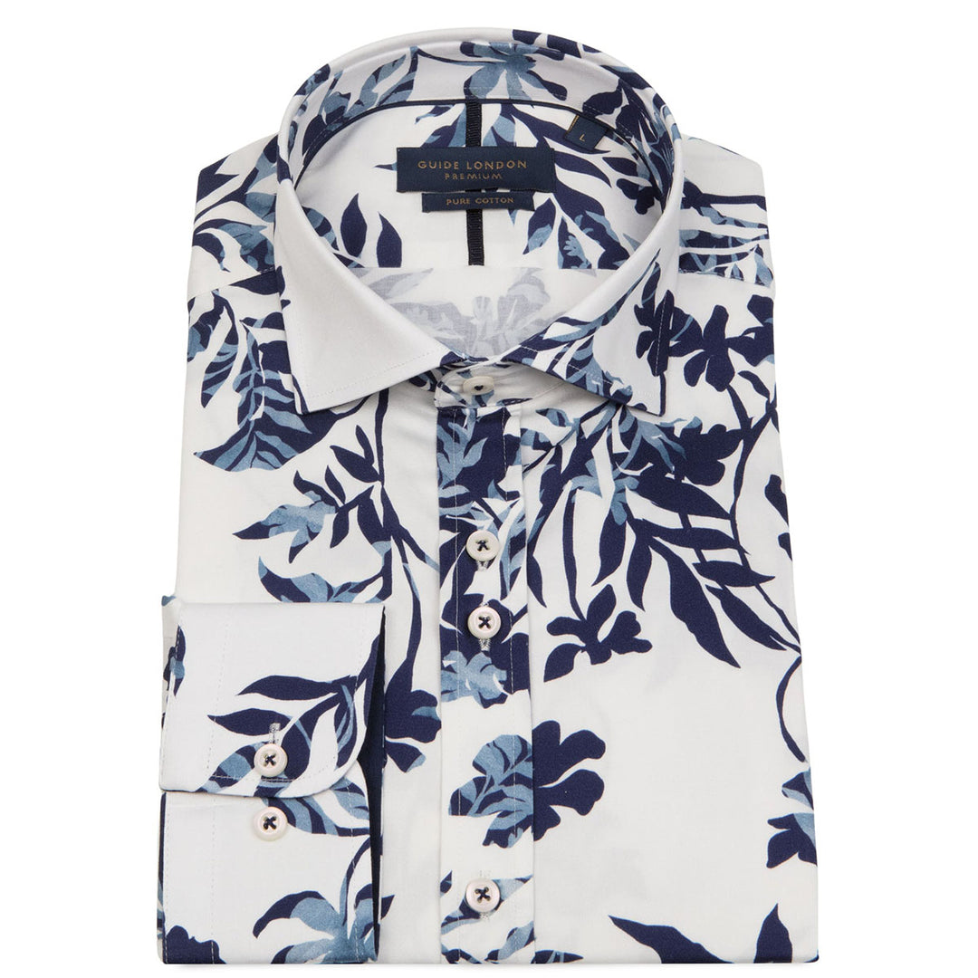 Guide London LS76850 White Navy Blue Shades Long Sleeve Cotton Shirt - Baks Menswear Bournemouth