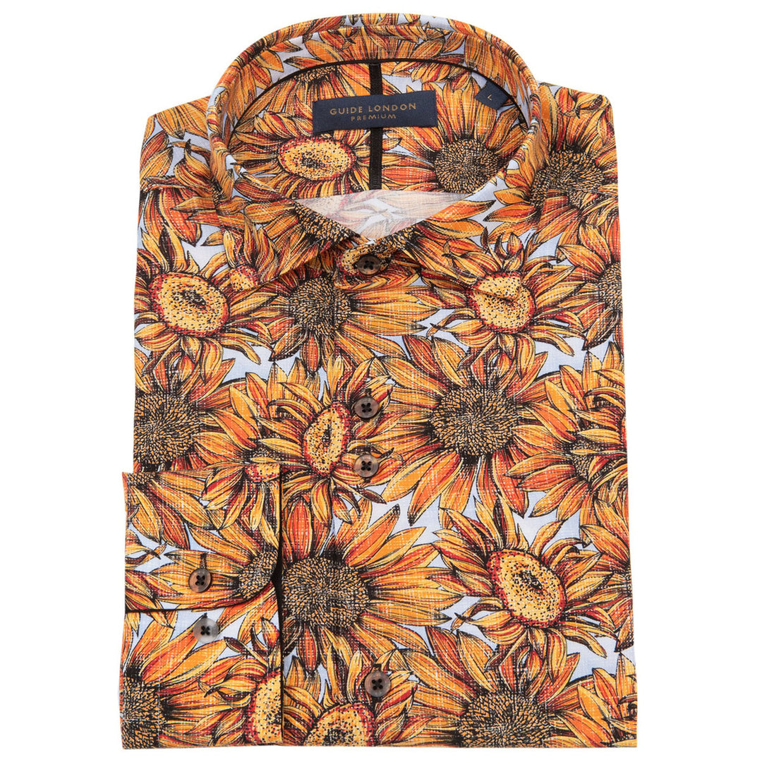 Guide London LS76876 Yellow Sunflower Print Long Sleeve Tencel Shirt - Baks Menswear Bournemouth