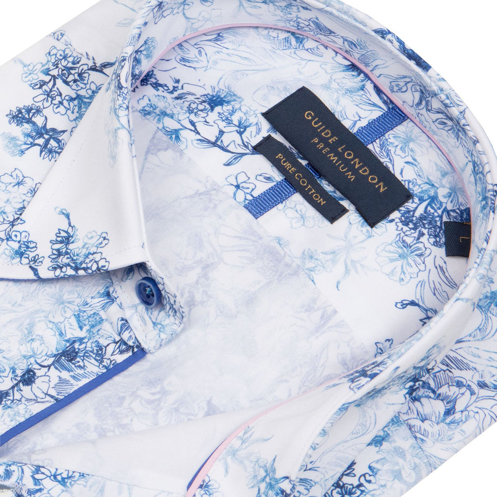 Guide London LS76885 Blue Stencil Floral Print Long Sleeve Cotton Shirt - Baks Menswear Bournemouth