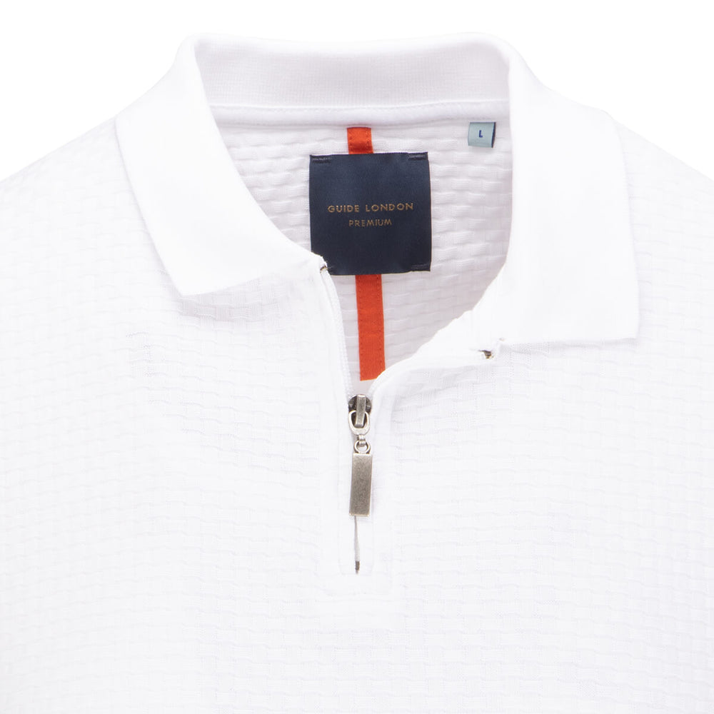 Guide London SJ5590 White Weave Texture Zip Neck Polo Shirt - Baks Menswear