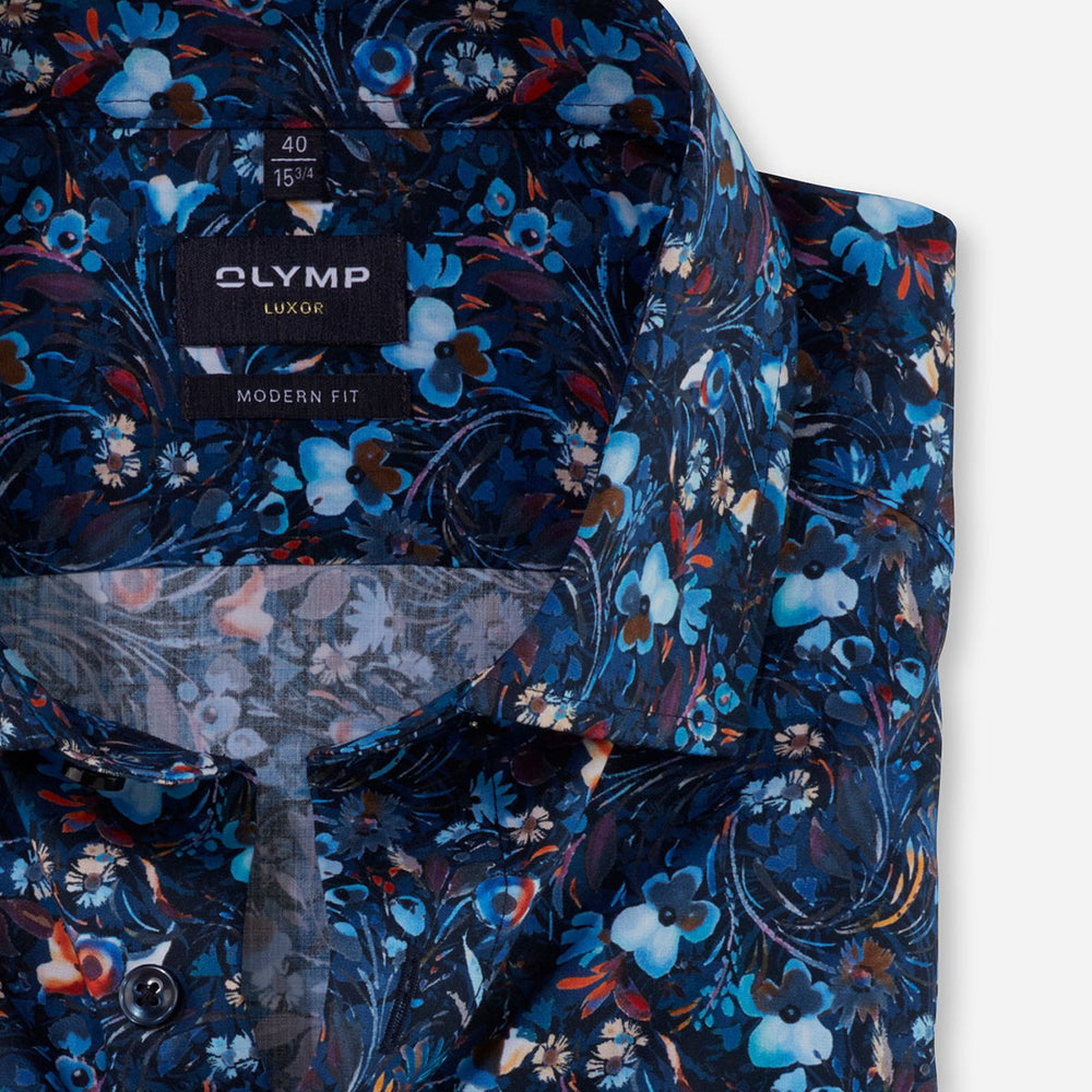 Olymp 12005418 Navy Floral Print Long Sleeve Cotton Shirt - Baks Menswear Bournemouth