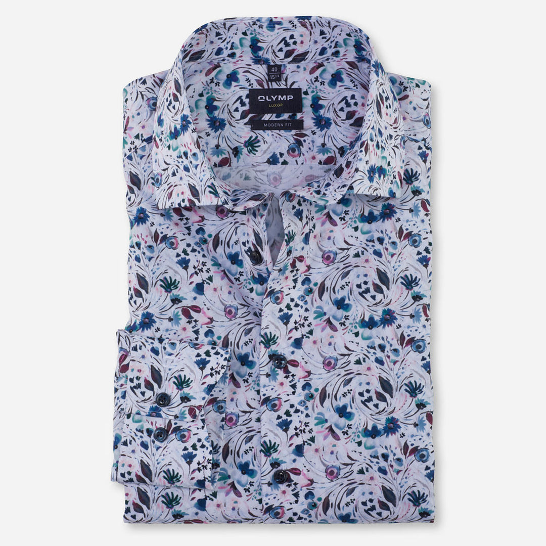 Olymp 12005432 Blue Rosewood Red Floral Print Long Sleeve Cotton Shirt - Baks Menswear Bournemouth