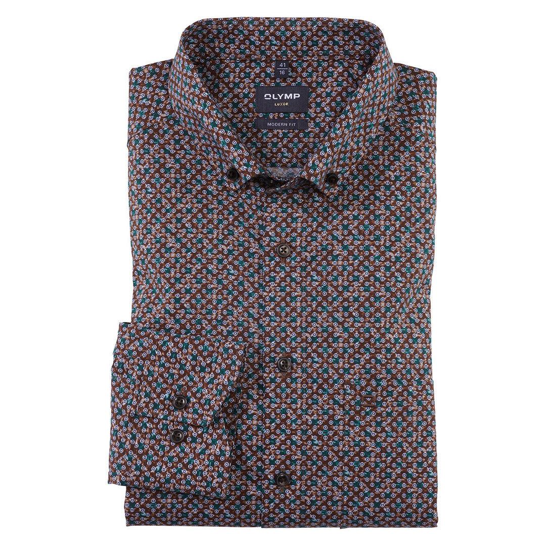 Olymp 12194428 Brown Print Modern Fit Long Sleeve Button Down Shirt - Baks Menswear Bournemouth