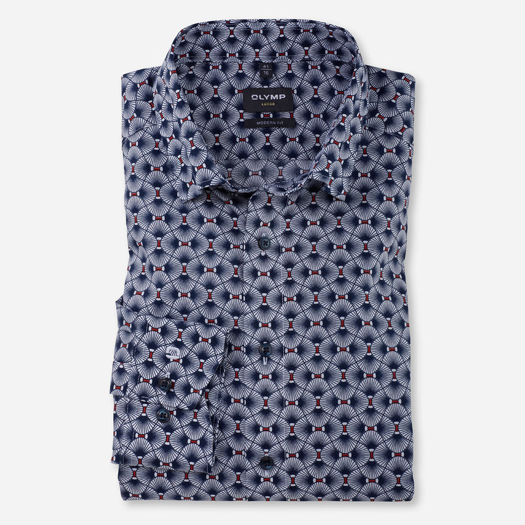 Olymp 12365433 Navy Brick Red Geometric Print Long Sleeve Cotton Shirt - Baks Menswear Bournemouth