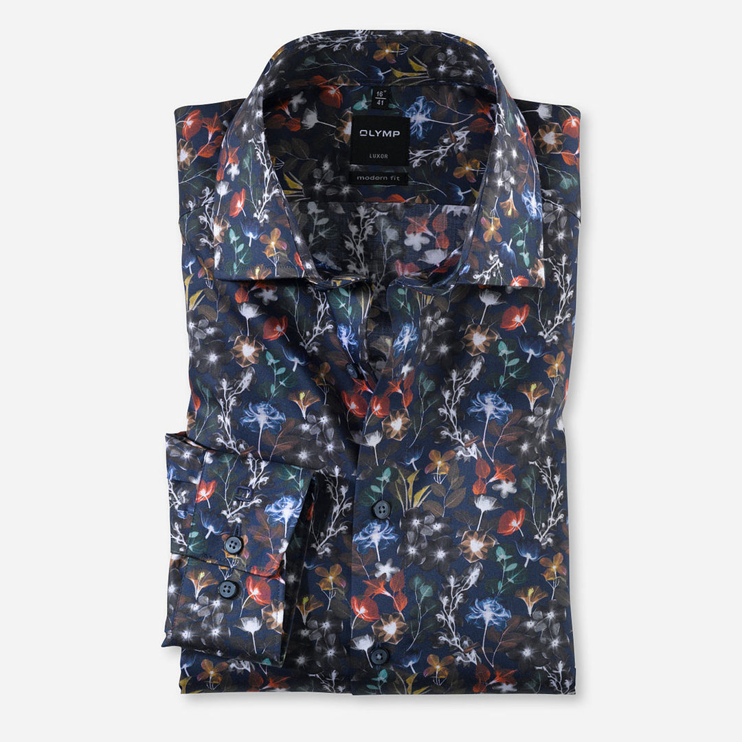Olymp 12385445 Navy Multicolour Flower Print Long Sleeve Shirt - Baks Menswear Bournemouth