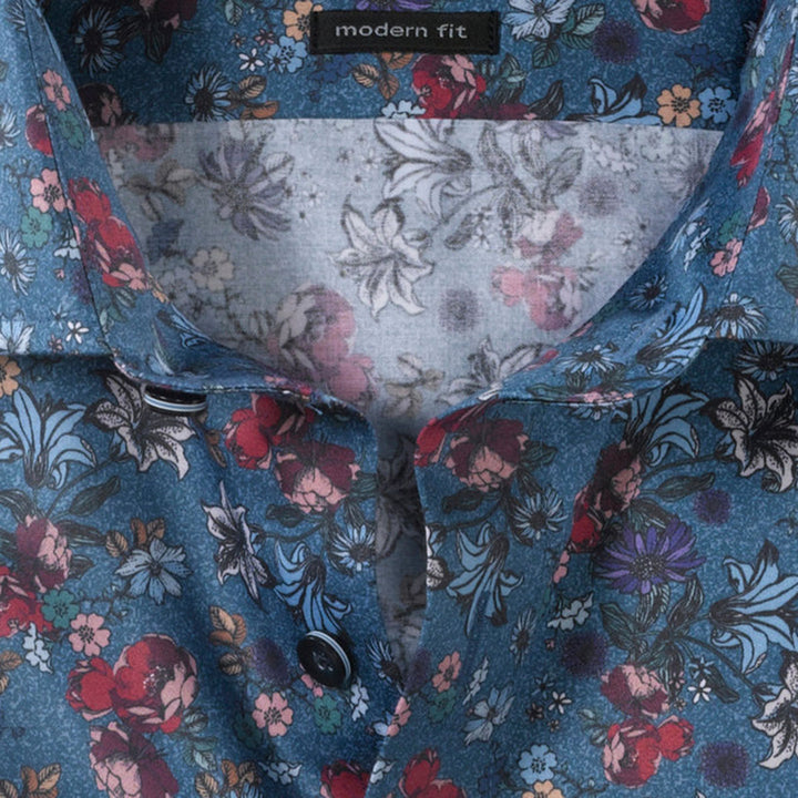 Olymp 12424411 Blue Multicolour Flower Print Long Sleeve Shirt - Baks Menswear Bournemouth