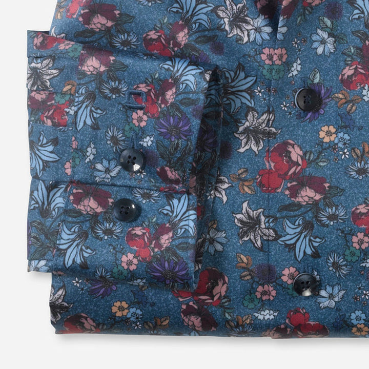 Olymp 12424411 Blue Multicolour Flower Print Long Sleeve Shirt - Baks Menswear Bournemouth