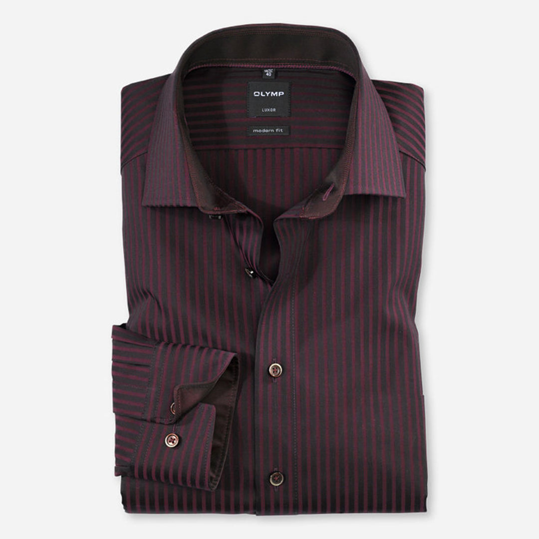 Olymp 1272-24-38 Plum Red Black Stripe Modern Fit Long Sleeve Shirt
