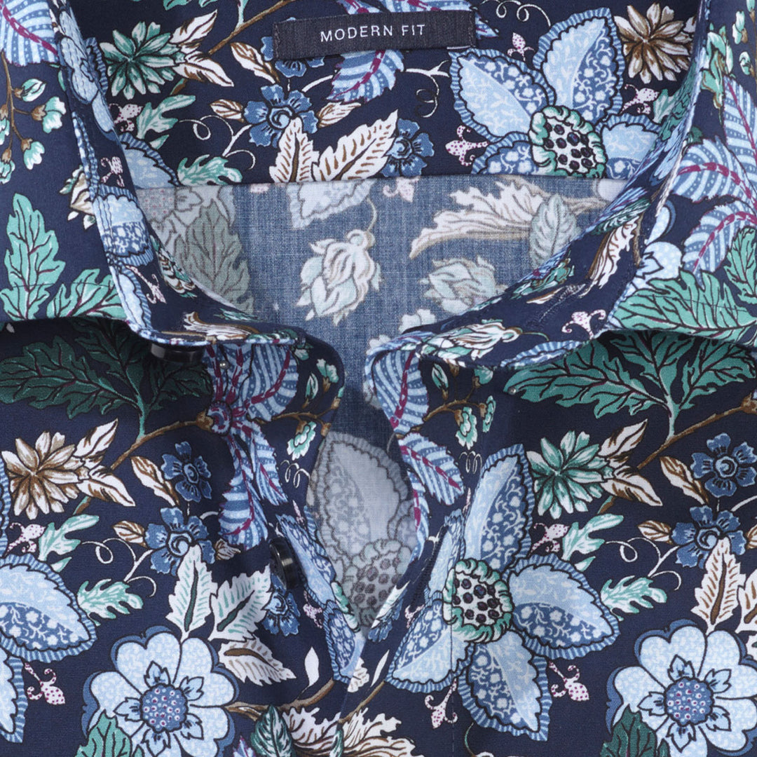 Olymp 12734445 Green Navy Blue Floral Print Long Sleeve Cotton Shirt - Baks Menswear Bournemouth
