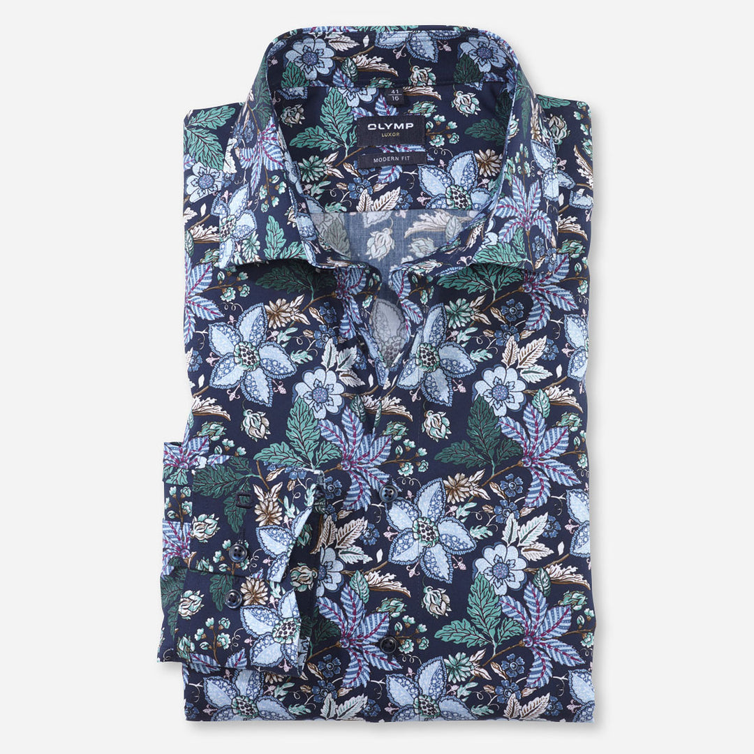 Olymp 12734445 Green Navy Blue Floral Print Long Sleeve Cotton Shirt - Baks Menswear Bournemouth
