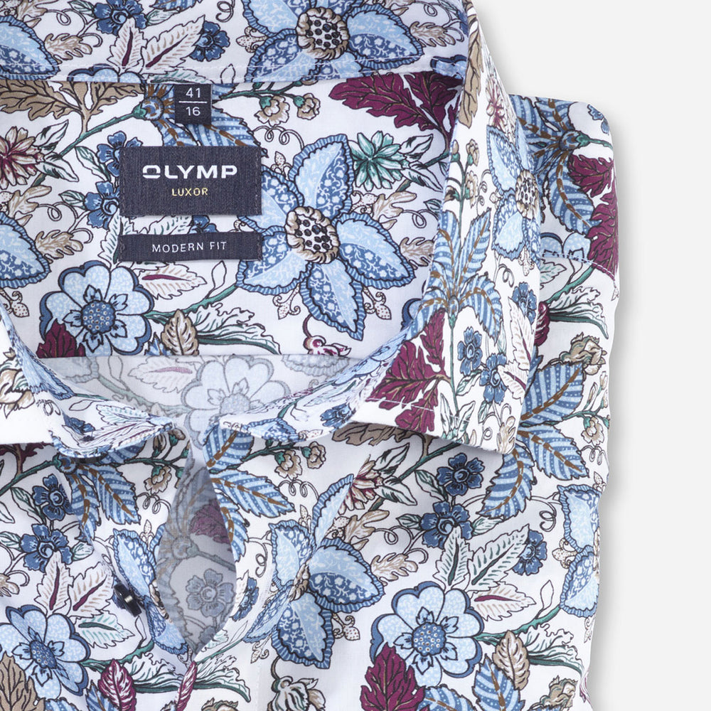 Olymp 12734486 Garnet Red Blue Floral Print Long Sleeve Cotton Shirt - Baks Menswear Bournemouth