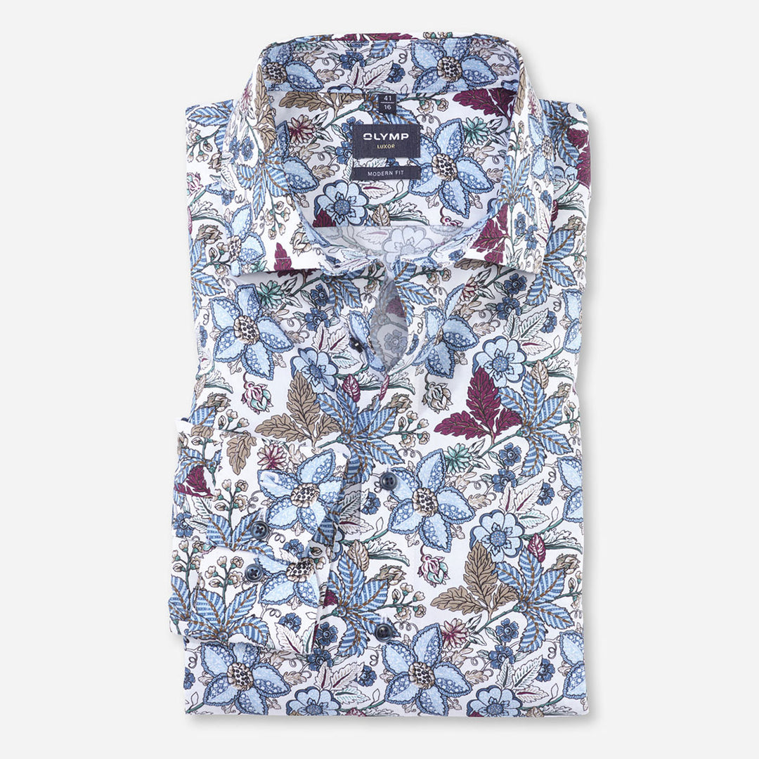 Olymp 12734486 Garnet Red Blue Floral Print Long Sleeve Cotton Shirt - Baks Menswear Bournemouth