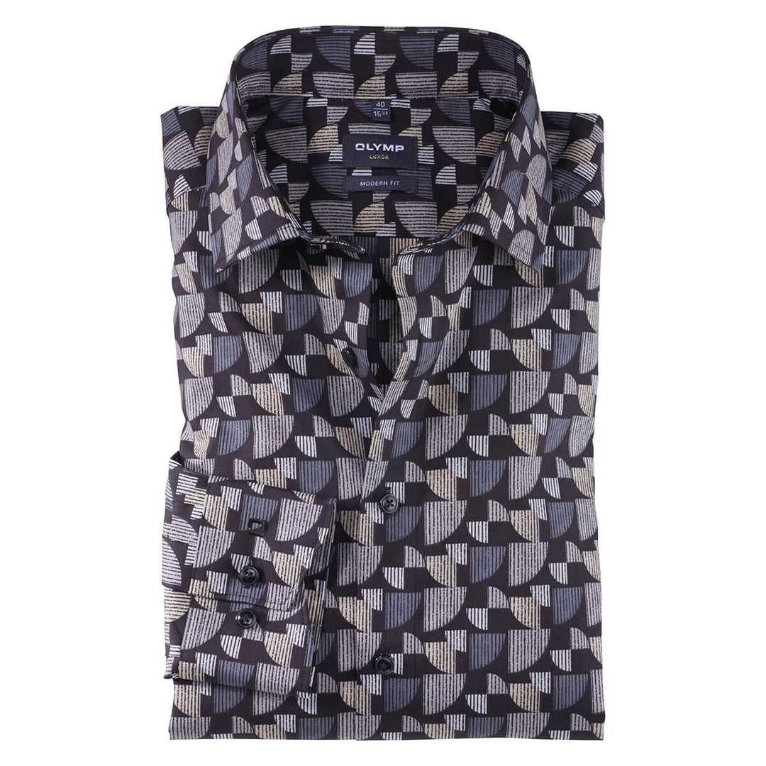 Olymp Luxor 12664423 Taupe Graphic Print Global Kent Collar Shirt - Baks Menswear Bournemouth