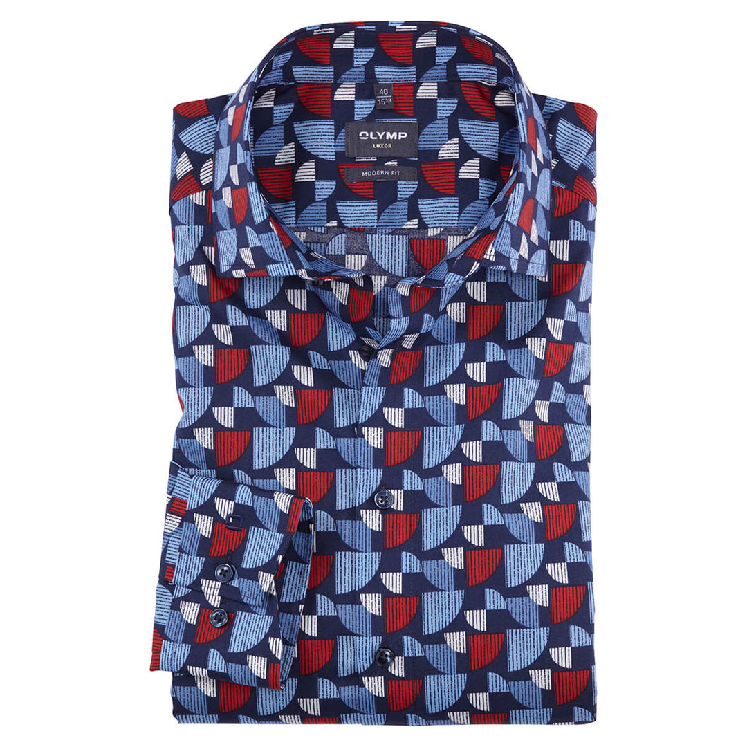 Olymp Luxor 12664435 Red Blue Graphic Print Global Kent Collar Shirt - Baks Menswear Bournemouth