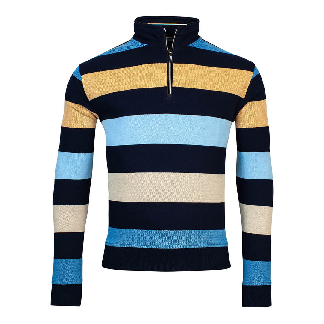 Baileys 313101 23 Blue Mens Zip Neck Striped Long Sleeve Jumper - Baks Menswear Bournemouth