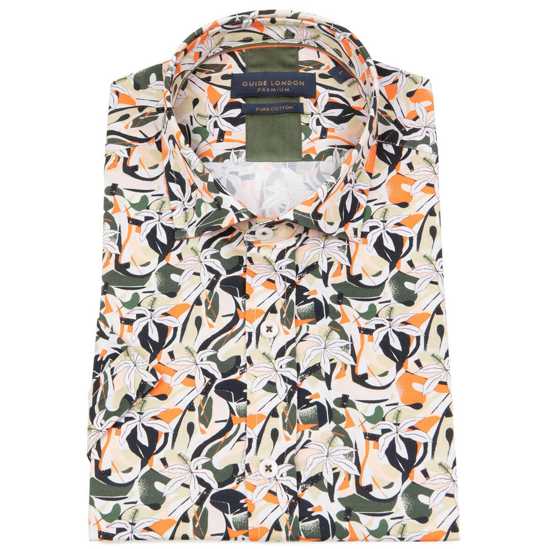 Guide London HS2713 Green Multicolour Mens Short Sleeve Cotton Sateen Shirt - Baks Menswear Bournemouth