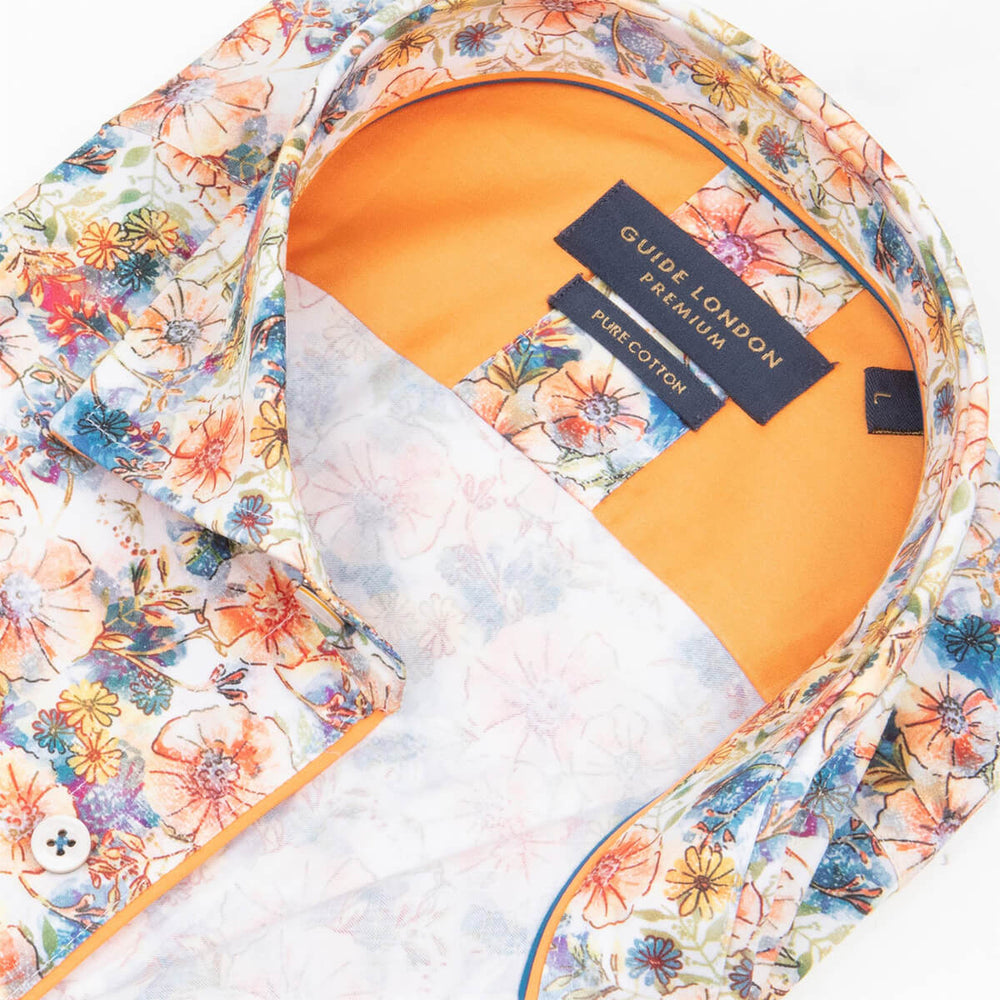 Guide London LS76470 Orange Flower Print Long Sleeve Shirt - Baks Menswear Boutique