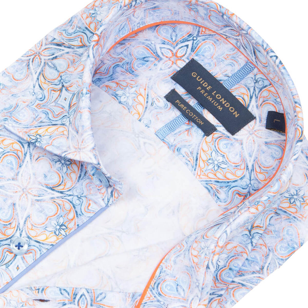 Guide London LS76471 Blue Faded Tile Effect Print Long Sleeve Shirt - Baks Menswear Bournemouth