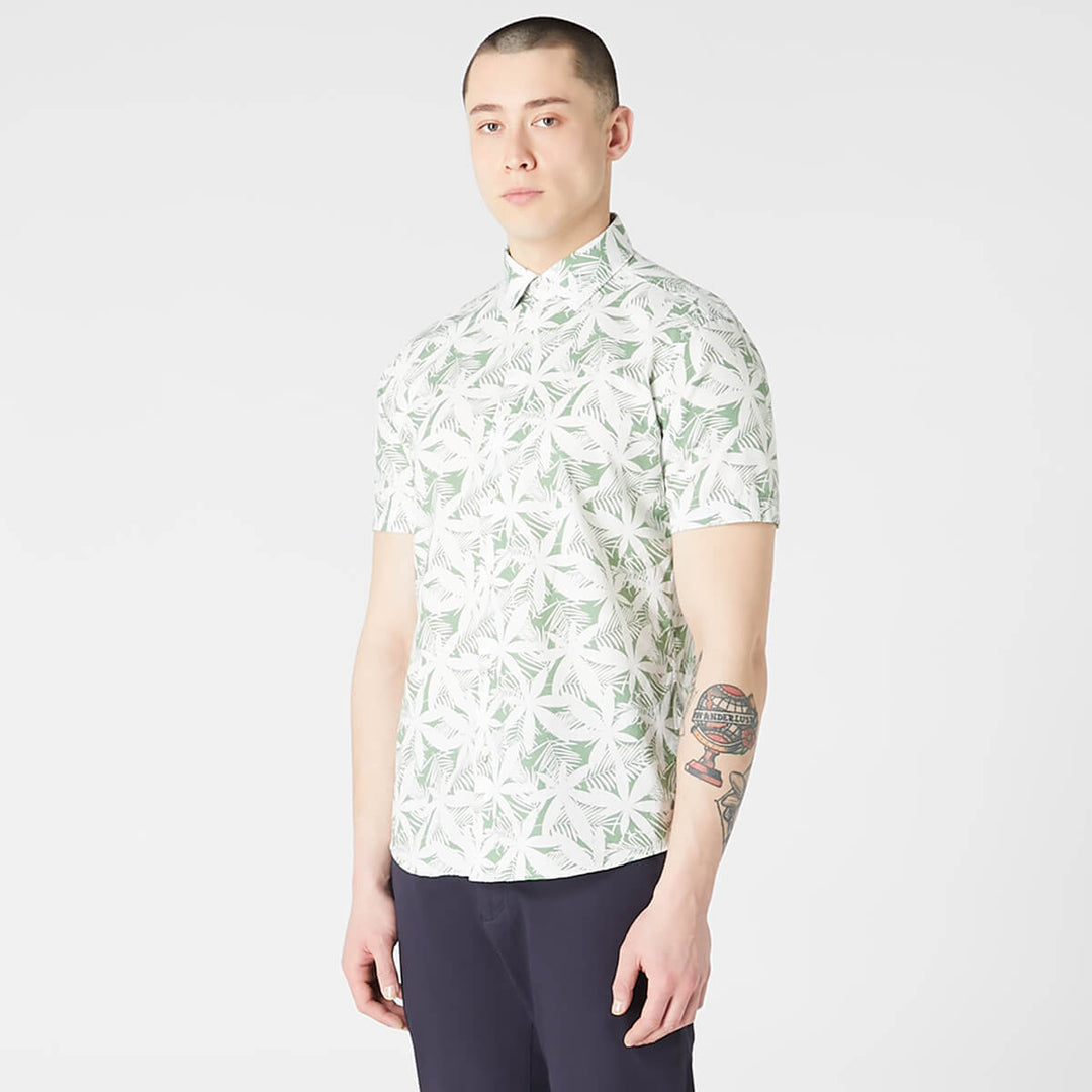 Remus Uomo 131-13743SS-13 Green Leaf Print Mens Short Sleeve Shirt - Baks Menswear Bournemouth