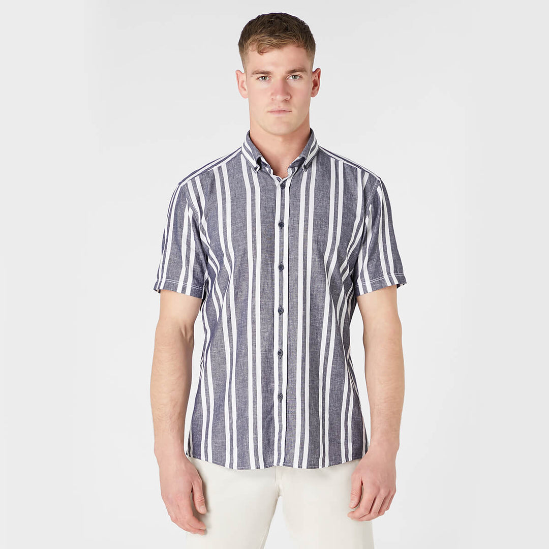 Remus Uomo 131-13761SS-29 Parker Denim Blue Stripe Short Sleeve Shirt - Baks Menswear Bournemouth