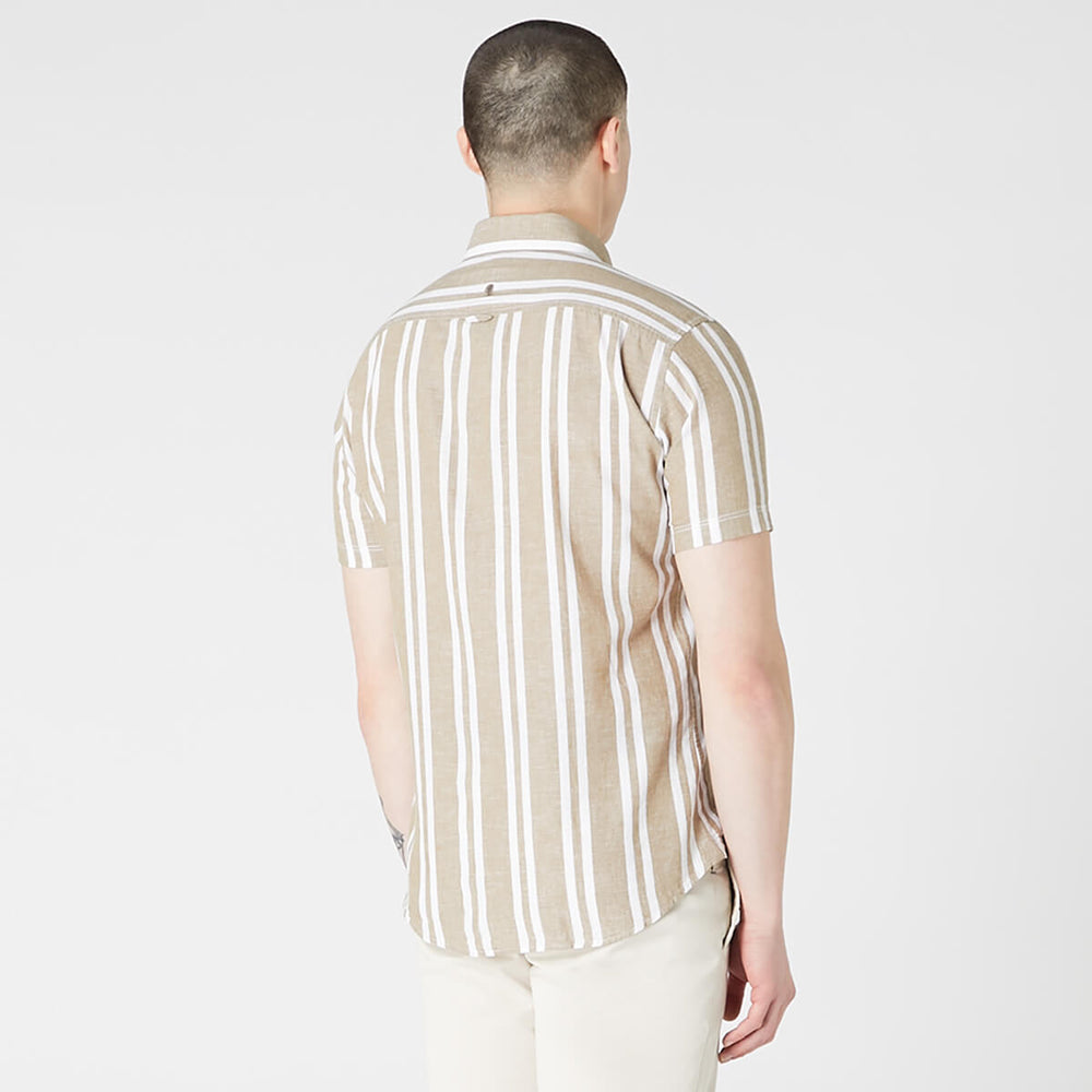 Remus Uomo 131-13761SS-93 Parker Oatmeal Brown Stripe Short Sleeve Shirt - Baks Menswear Bournemouth