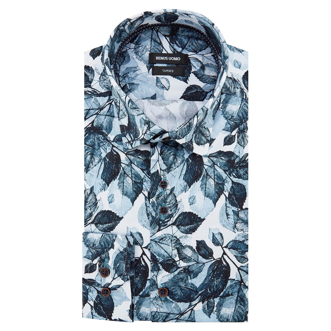 Remus Uomo 501-13111-22 Parker Blue Leaf Print Long Sleeve Shirt - Baks Menswear Bournemouth