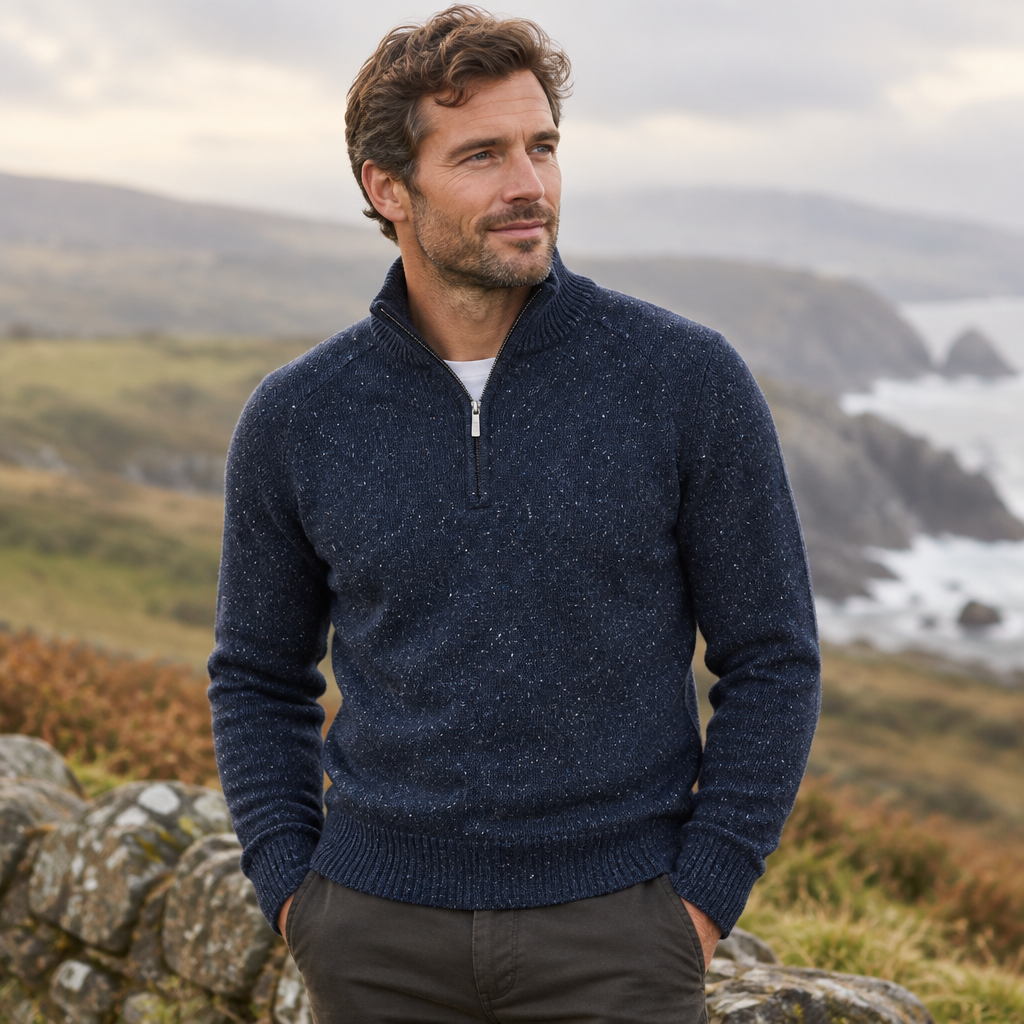 Navy marl quarter zip jumper at Baks Menswear, Bournemouth