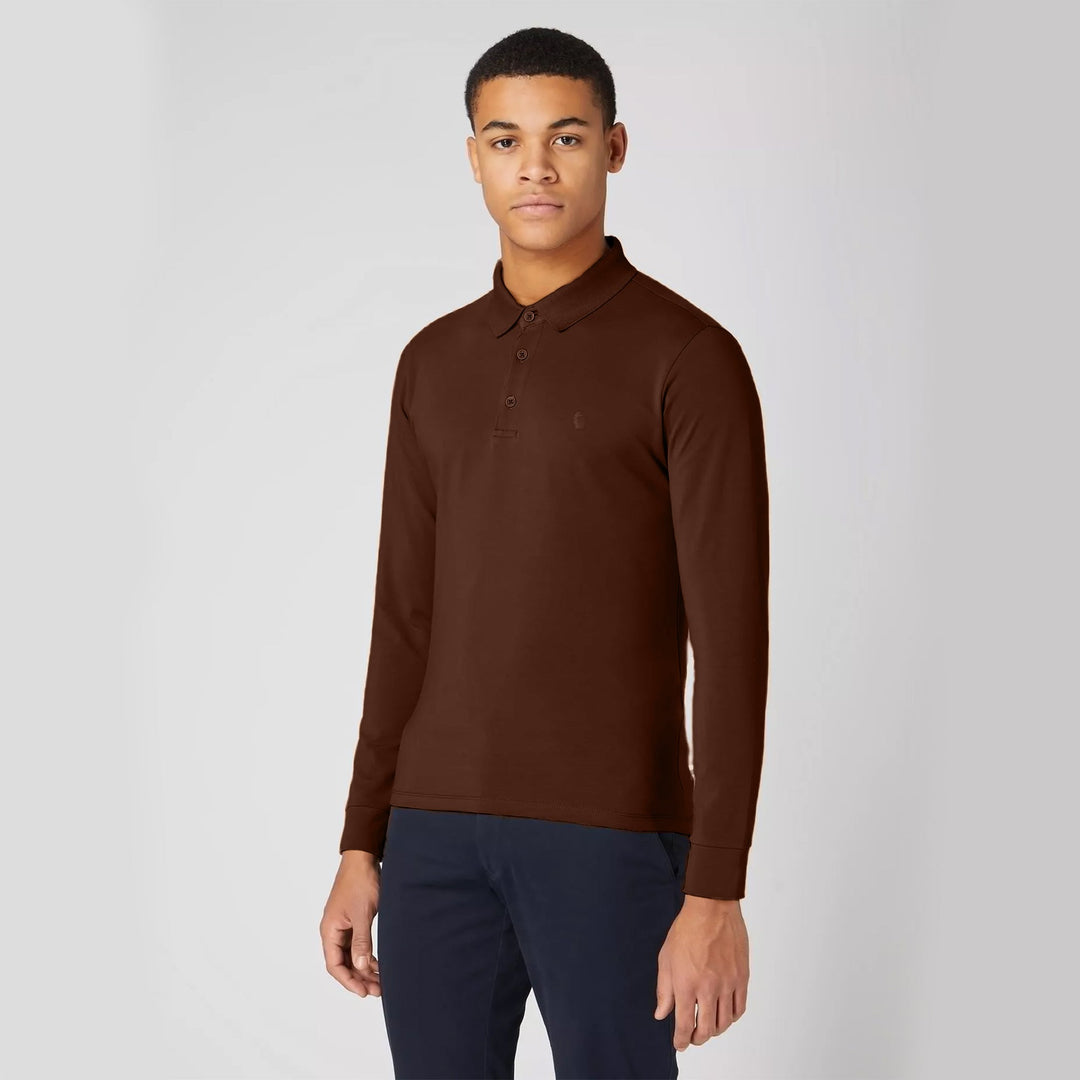 Remus Uomo Brown Long Sleeve Polo Shirt