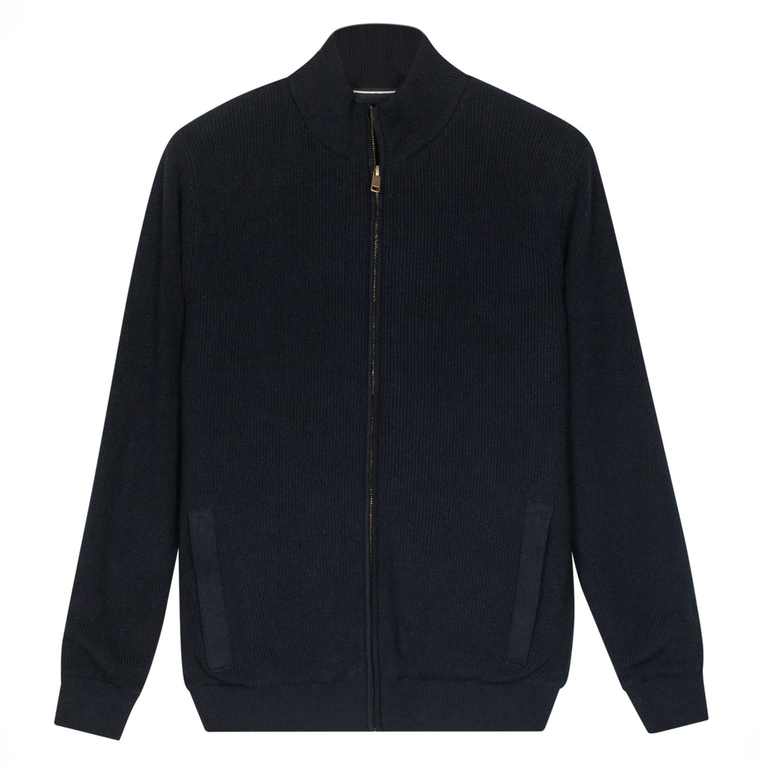 Navy zip-up cardigan on a white background