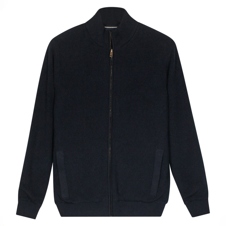 Navy zip-up cardigan on a white background