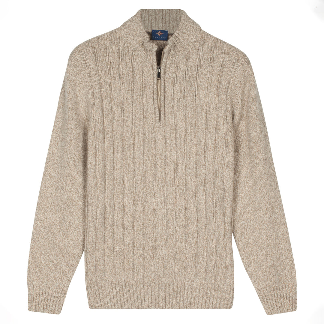 Beige cable knit sweater with a quarter zip on a white background