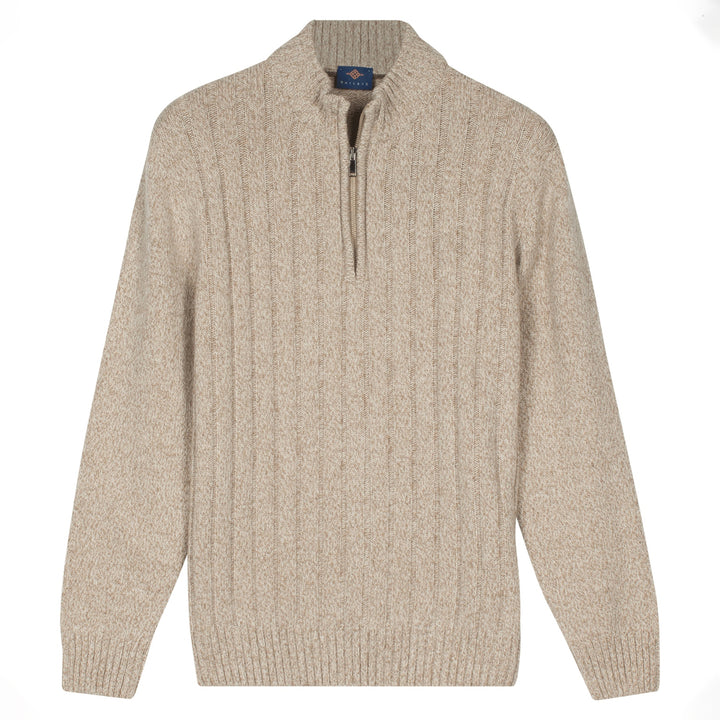 Beige cable knit sweater with a quarter zip on a white background